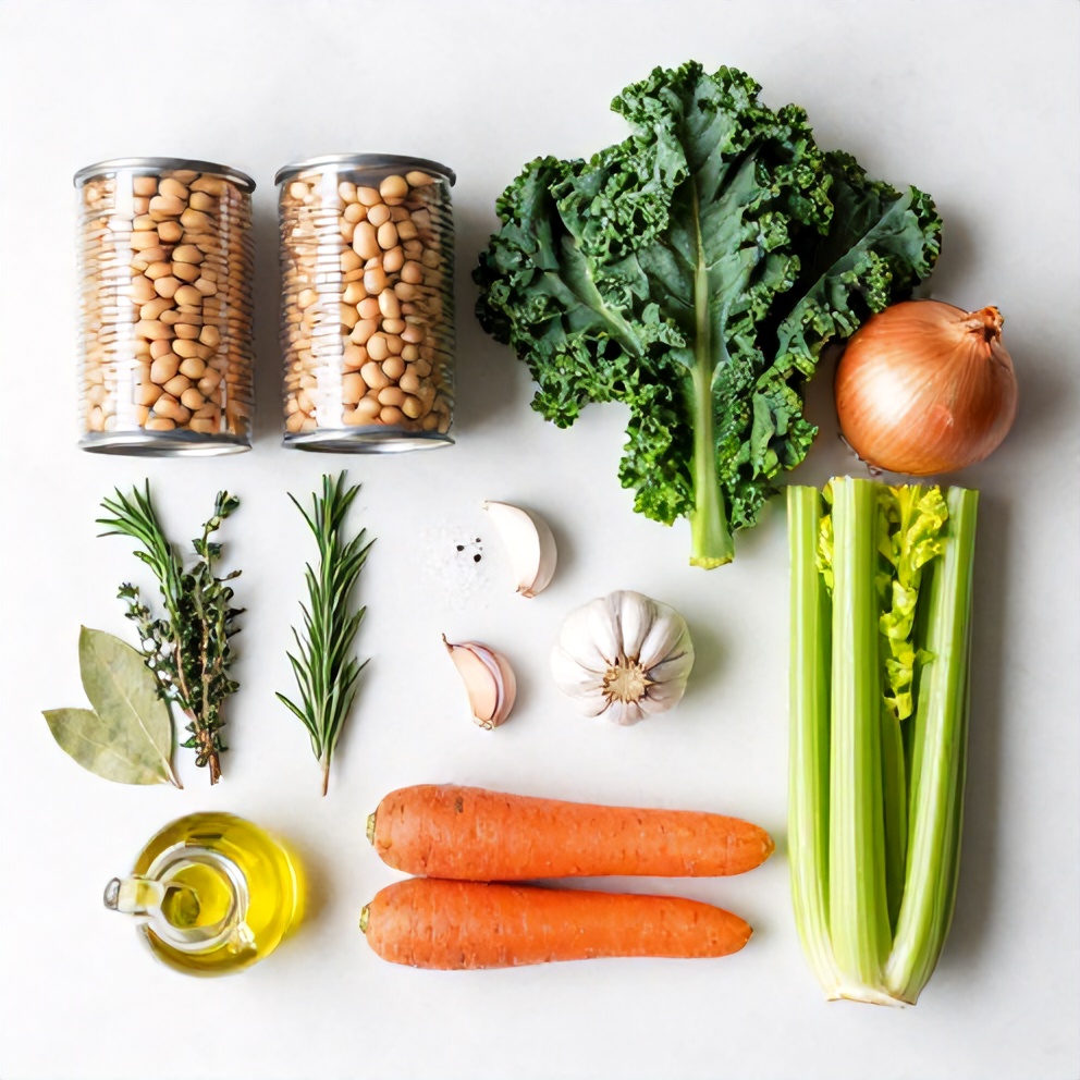 Ingredients for white bean and kale soup laid out