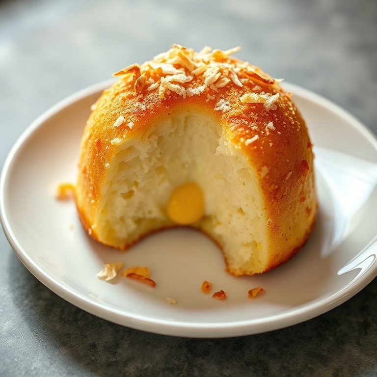 Single serving of coconut pandan lava cake on a white plate, topped with toasted coconut flakes, close-up with creamy center exposed.