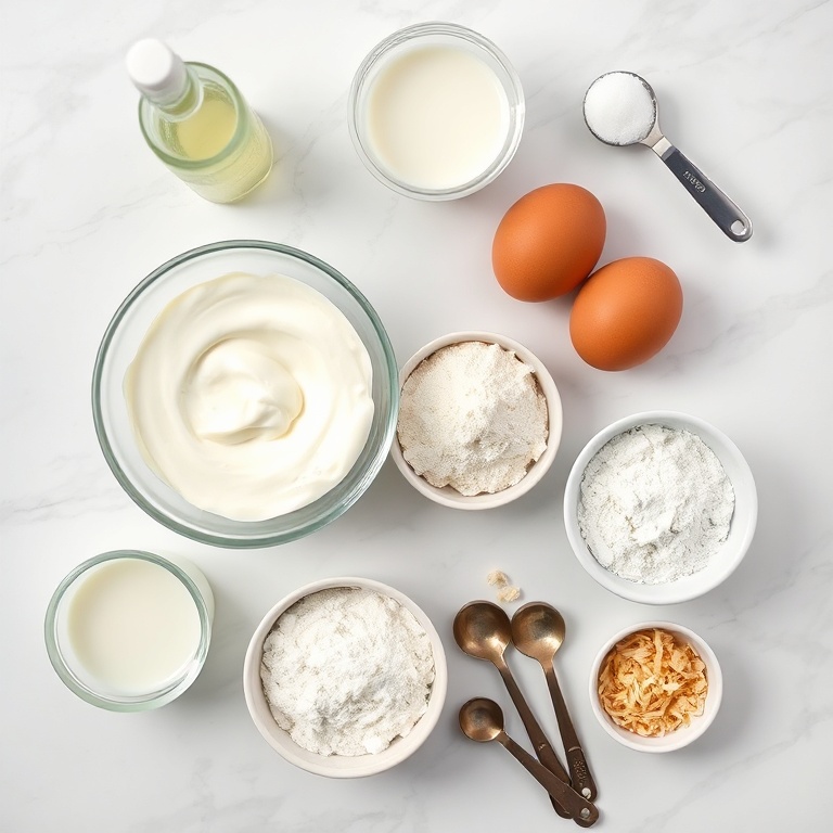 Overhead flat lay of coconut cream, pandan extract, eggs, flour, and sugar for coconut pandan lava cake. Prep bowls and spoons on white marble.
