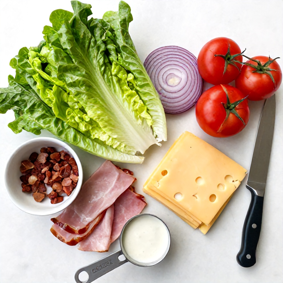 Raw ingredients for Columbia 1905 Salad with Ham and Swiss Cheese