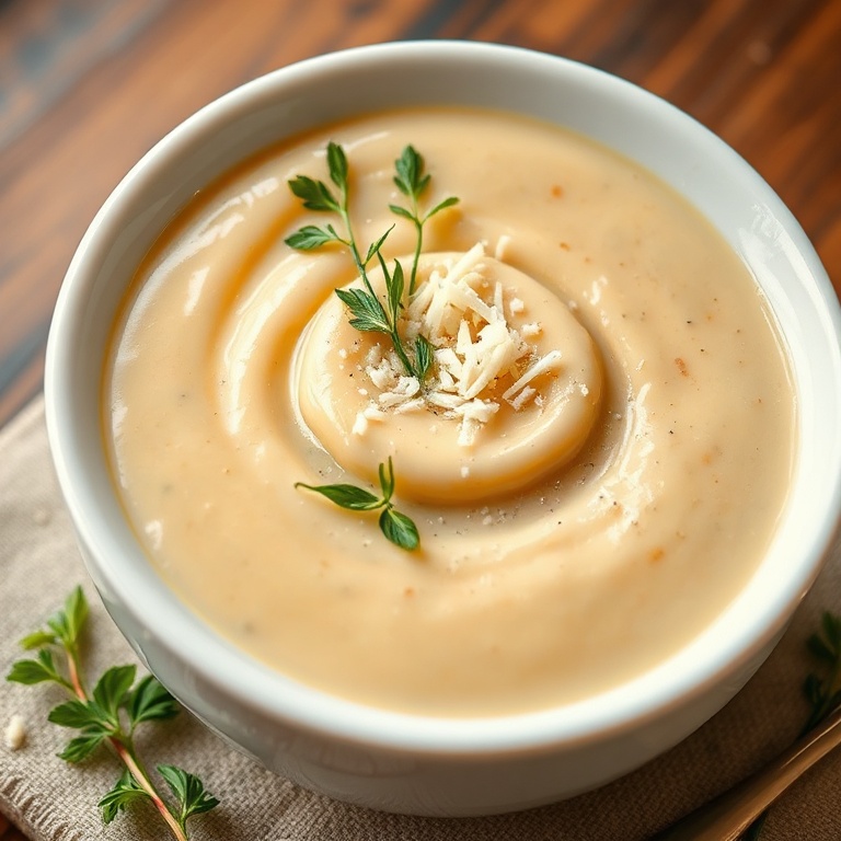 A serving of creamy soup topped with fresh herbs and a sprinkle of cheese