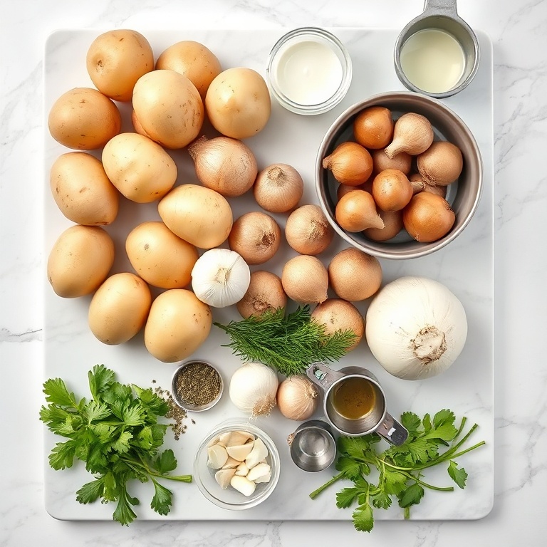 Fresh potatoes, mushrooms, onions, garlic, and herbs arranged on a wooden board