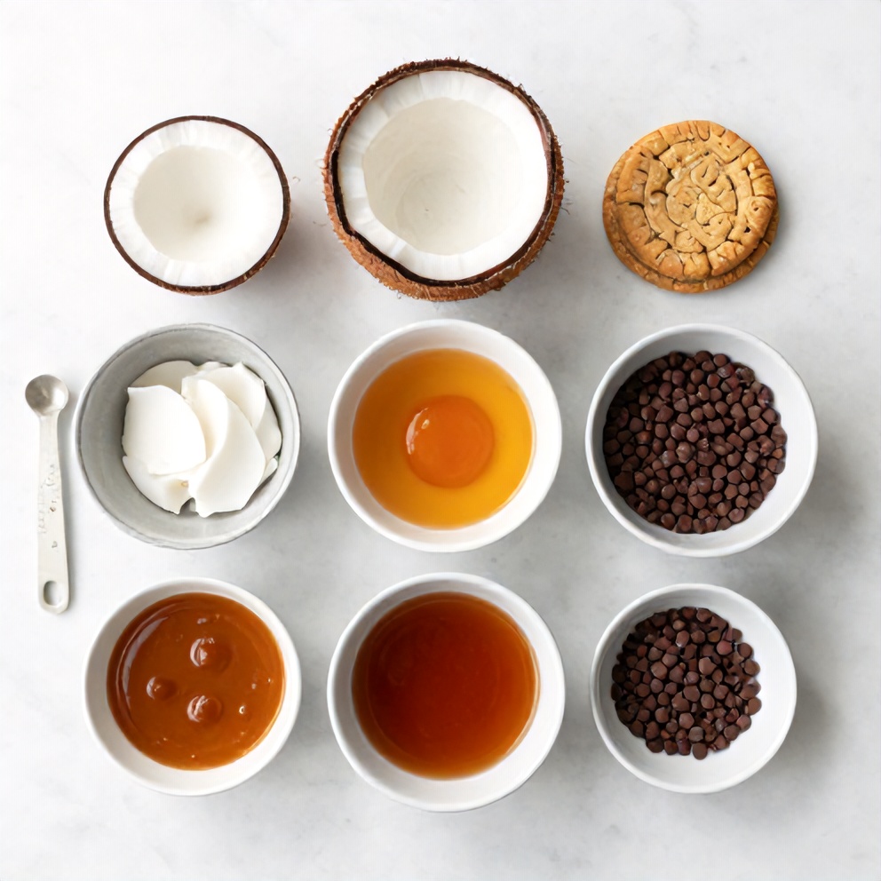 Raw ingredients for Samoa Cookie Pie including coconut, caramel, and chocolate chips