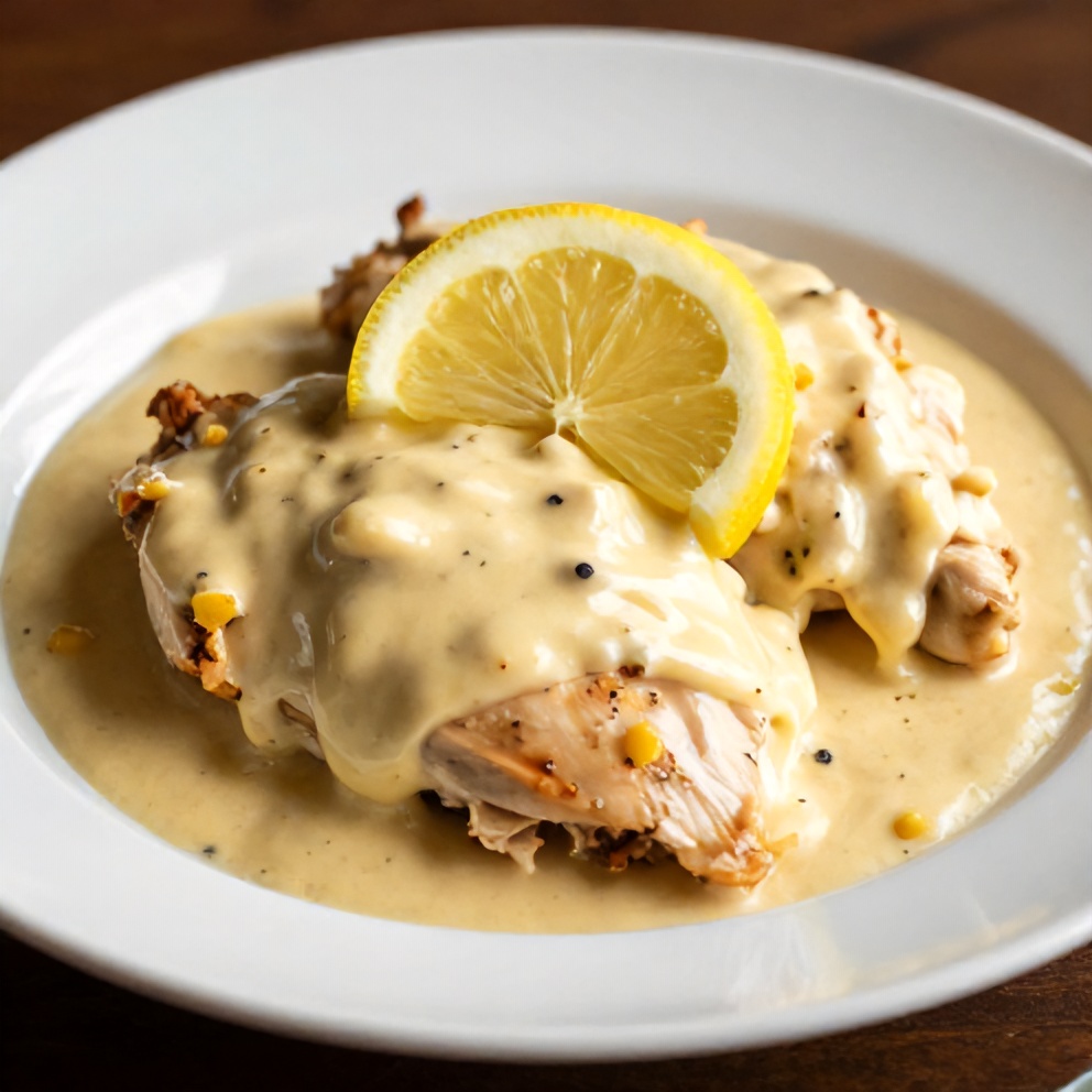 Plated Creamy Baked Lemon Butter Chicken with lemon slice