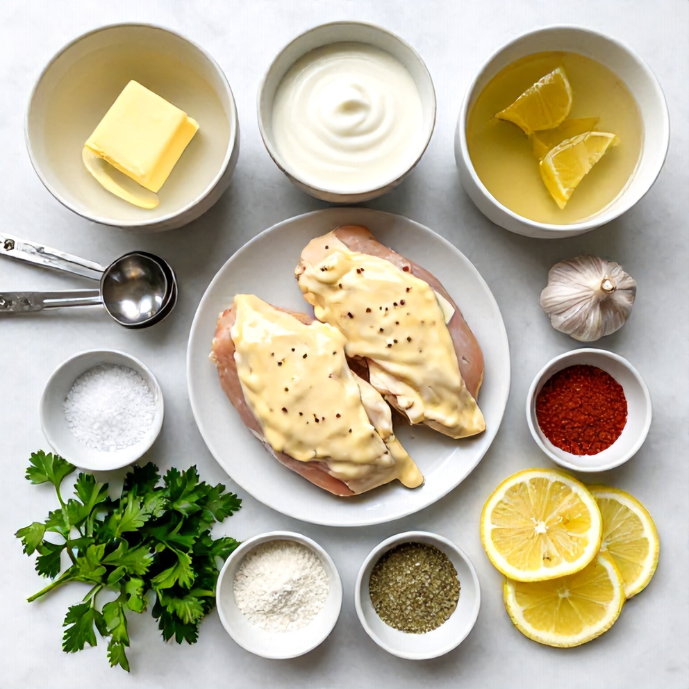 Raw ingredients for Creamy Baked Lemon Butter Chicken