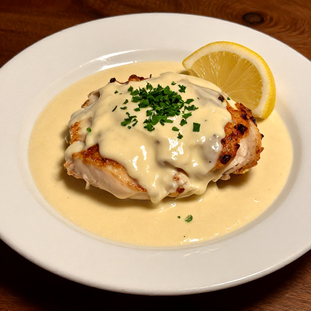 Plated Creamy Boursin Chicken with parsley garnish