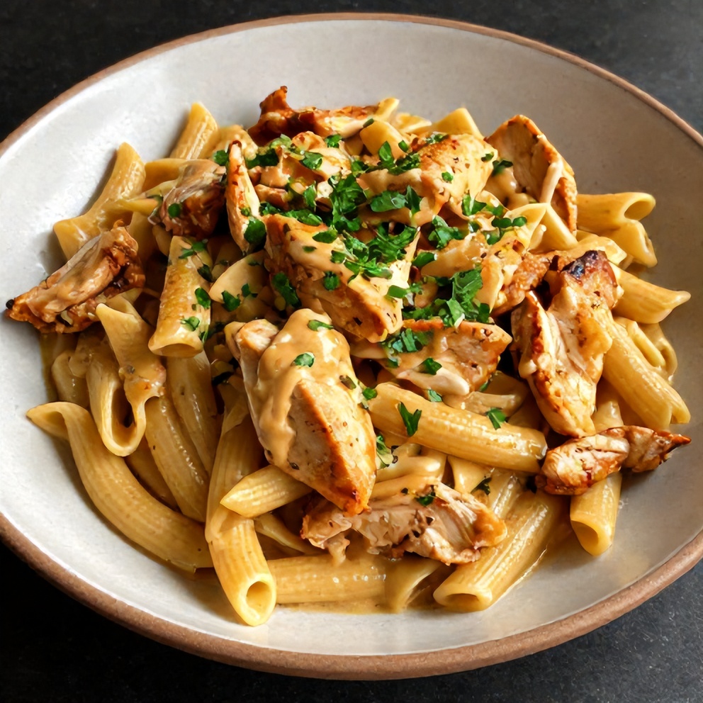 Plated serving of Cajun Chicken Pasta with parsley garnish, warm side lighting, rustic plate