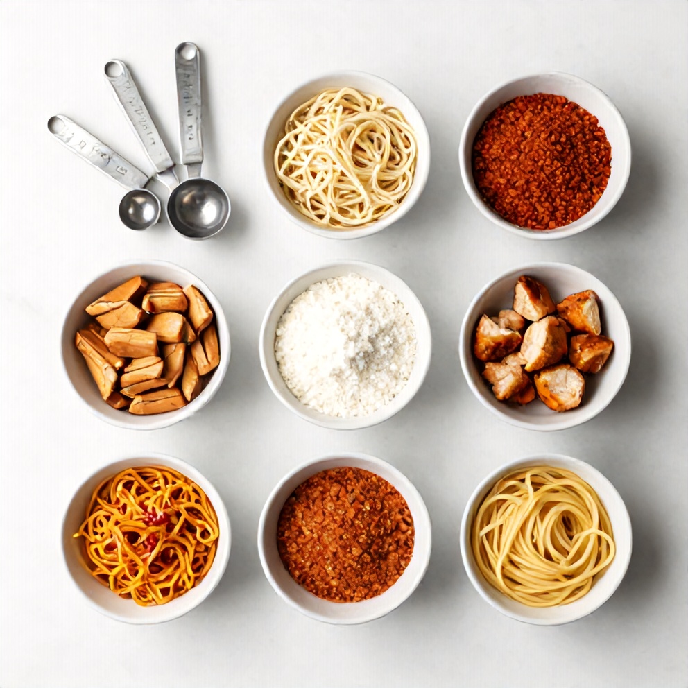 Raw ingredients for Cajun Chicken Pasta arranged in a flat lay, measuring spoons, white marble surface