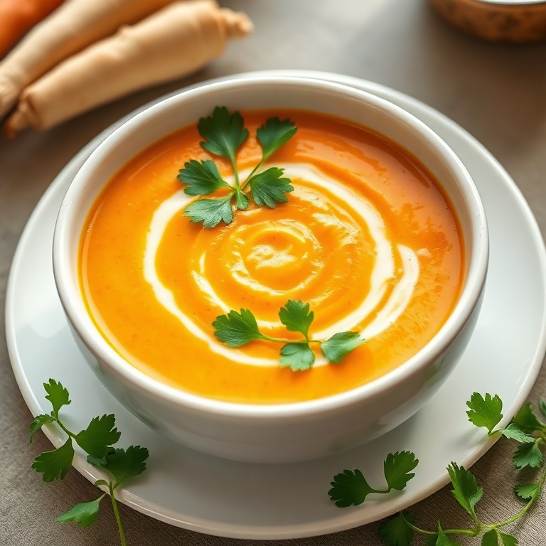 A deep white bowl filled with creamy carrot ginger coconut milk soup, topped with fresh cilantro, close crop, warm side lighting highlights silky texture.