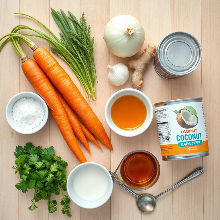 Raw carrots, fresh ginger root, onion, garlic cloves, and a can of coconut milk arranged overhead with prep bowls and measuring spoons.