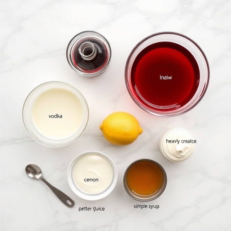 Ingredients for Creamy Cherry Rose Mudslide Cocktail