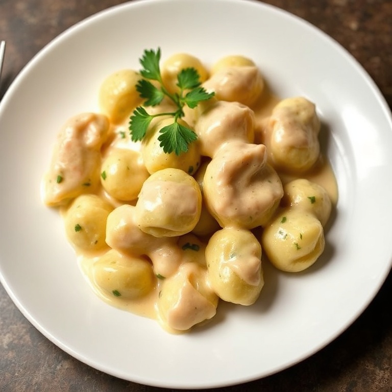Plated Creamy Chicken Gnocchi with fresh parsley. Creamy sauce drizzled over gnocchi. Warm side lighting highlights texture and color. White plate with slight shadow.