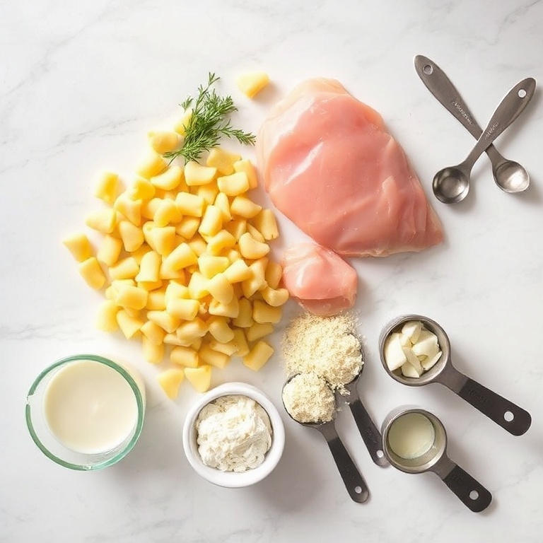Raw ingredients for Creamy Chicken Gnocchi. Chicken breast, gnocchi, heavy cream, garlic, and Parmesan. Measuring cups and spoons nearby. Bright overhead light on white marble surface.