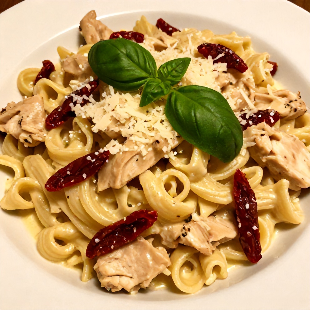 Plated Creamy Chicken Pasta with Sun-Dried Tomatoes