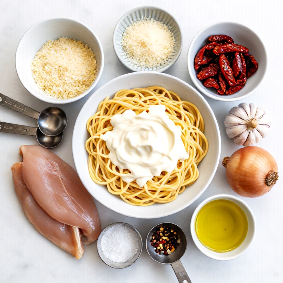 Raw Ingredients for Creamy Chicken Pasta with Sun-Dried Tomatoes