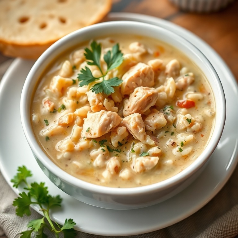Perfect plated serving of Creamy Chicken Wild Rice Soup. Garnished with parsley. Close crop. White ceramic bowl. Warm side lighting highlighting texture. Photorealistic food photography. No text. No watermark.