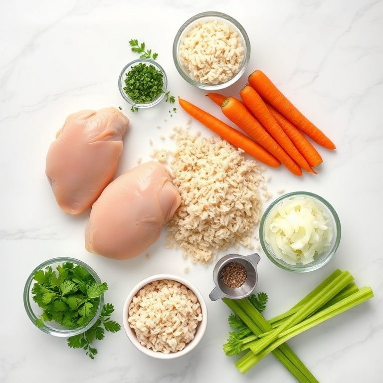Overhead flat lay of raw ingredients for Creamy Chicken Wild Rice Soup. Chicken breasts, wild rice, carrots, onion, and celery visible. Small prep bowls, measuring spoons, and cups visible. White marble surface. Bright even light. Photorealistic overhead food photography. No text. No watermark.
