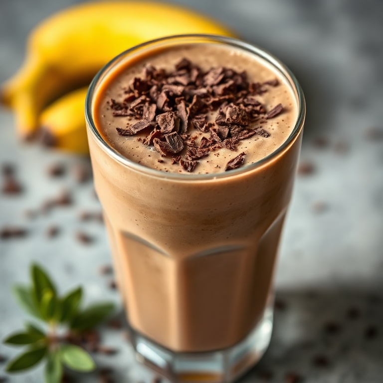 Creamy chocolate banana smoothie in a glass with chocolate shavings on top