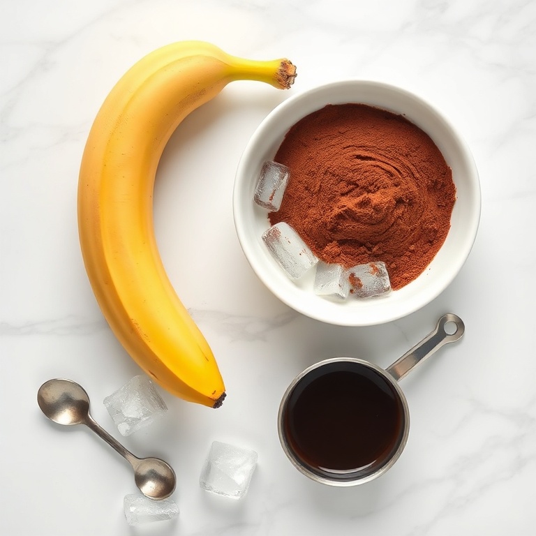 Banana, cocoa powder, milk, ice, and chocolate syrup in a bowl