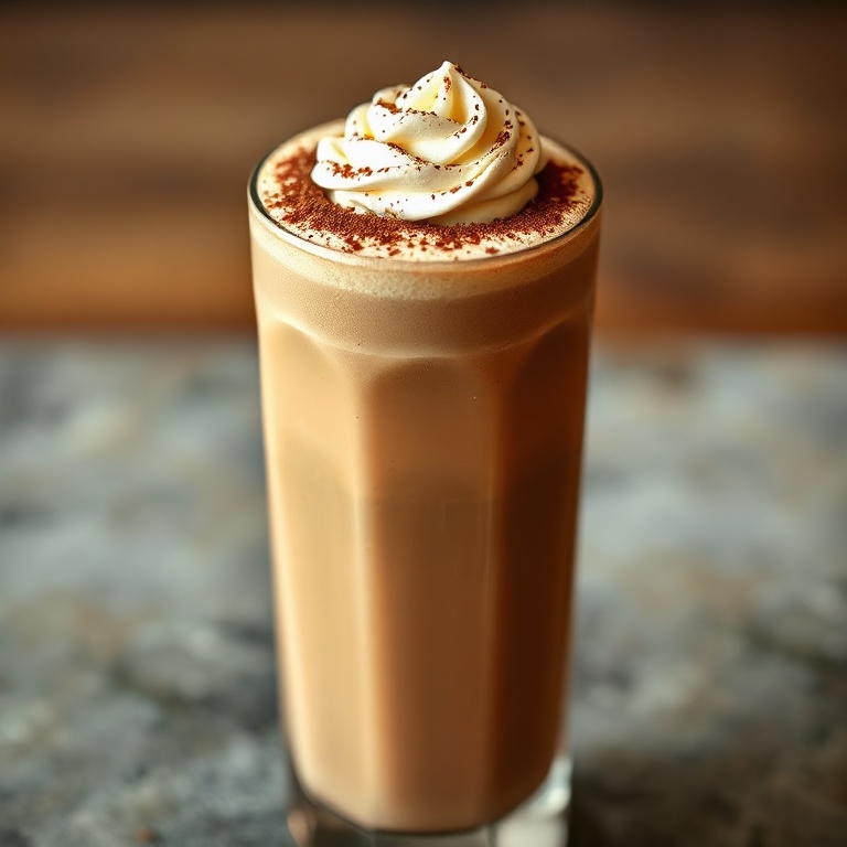 A perfectly plated creamy chocolate coffee shake in a tall glass. Topped with a dollop of whipped cream and a sprinkle of cocoa powder. Warm lighting highlights the rich texture.