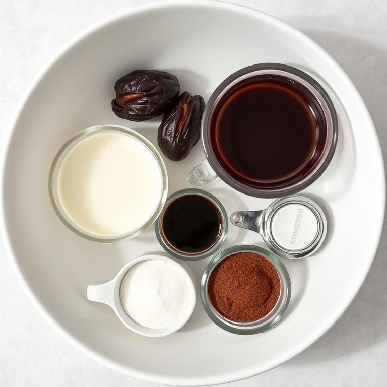 Raw ingredients for a creamy chocolate coffee shake: dates, coconut milk, coffee, chocolate powder, and a splash of vanilla. Arranged in a clean white bowl with measuring cups and spoons nearby.