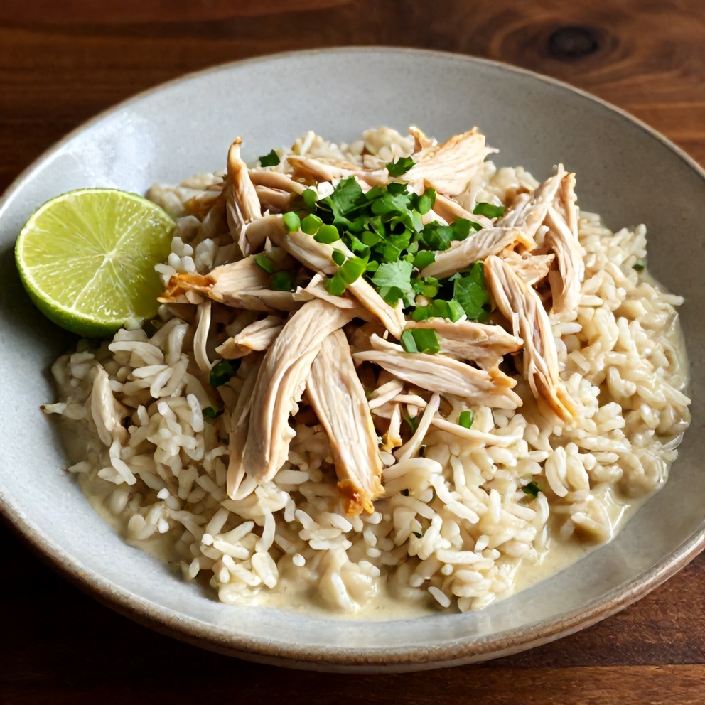 Plated Creamy Coconut Chicken Brothy Rice with fresh cilantro