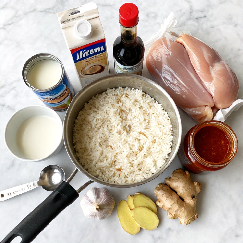 Raw ingredients for Creamy Coconut Chicken Brothy Rice on a marble surface