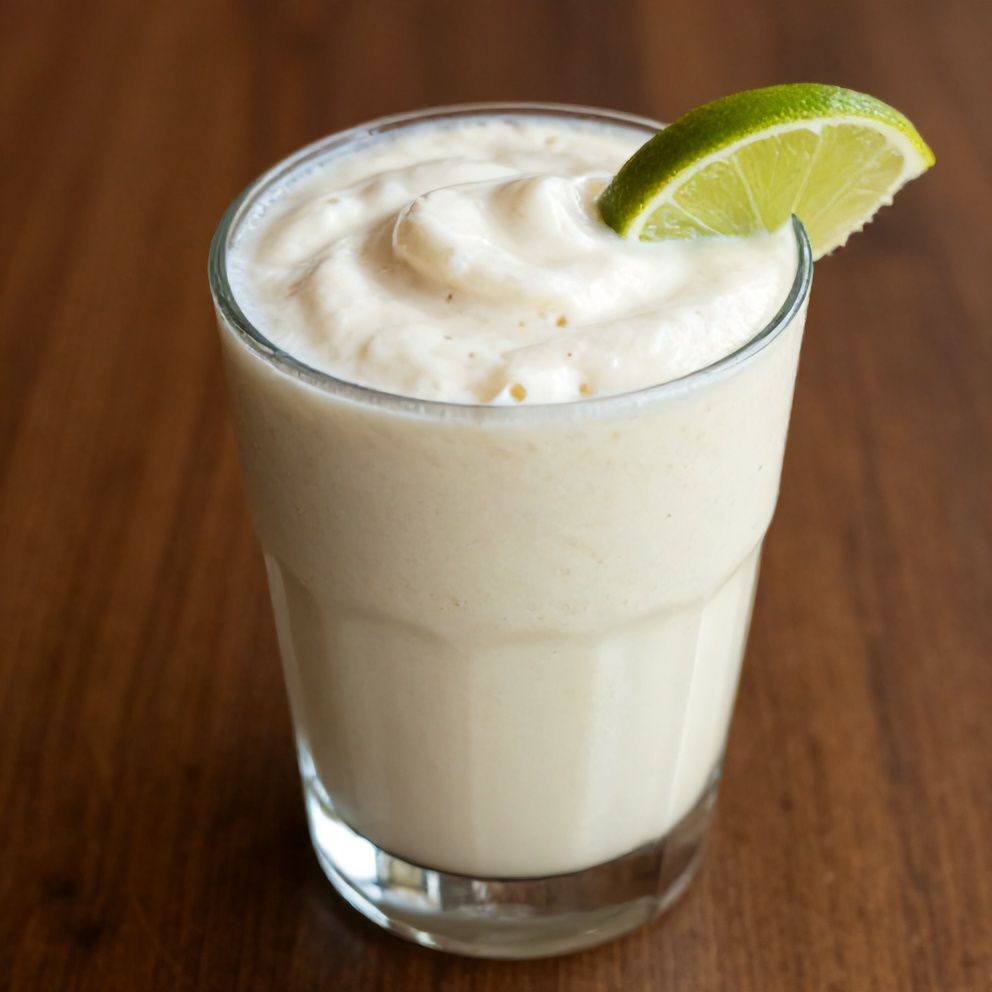 Creamy Coconut Key Lime Pie Smoothie served in a glass with a lime wedge garnish