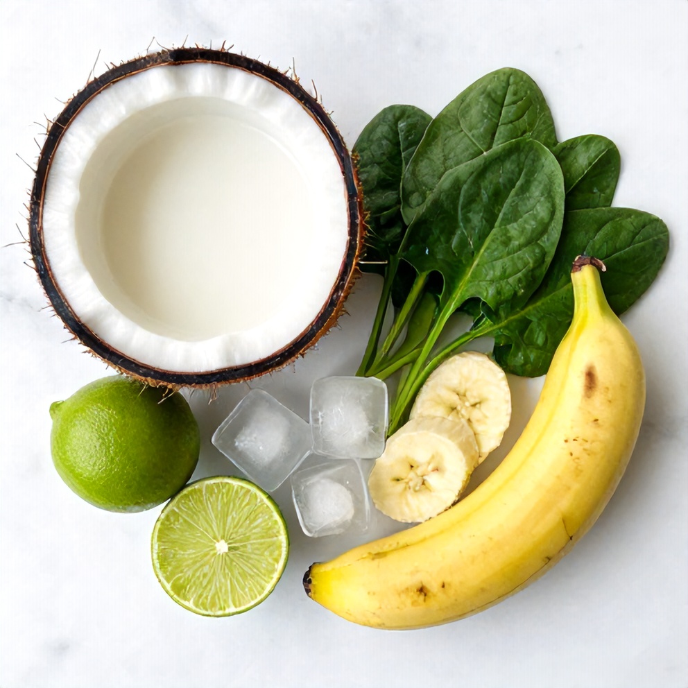 Coconut milk, lime, banana, spinach, and ice cubes arranged on a white marble surface