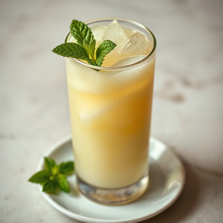 Tall glass of creamy lemonade packed with ice, garnished with fresh mint, placed on a simple white plate with beads of cold moisture, warm light highlights the drink's velvet finish.
