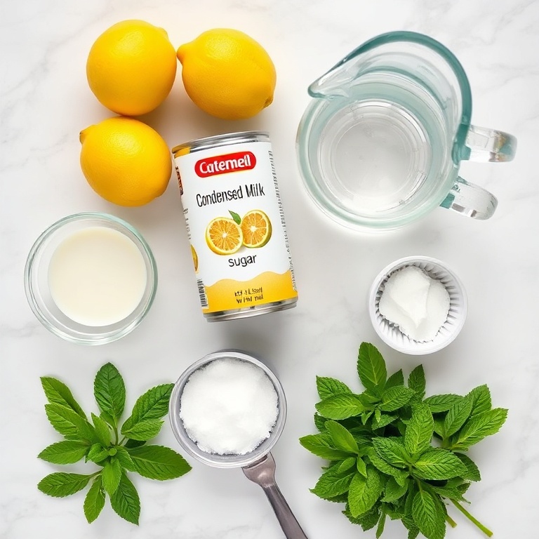 Overhead flat lay of lemons, can of sweetened condensed milk, pitcher of cold water, bowl of sugar, fresh mint, arranged with prep bowls and measuring spoons on white marble.