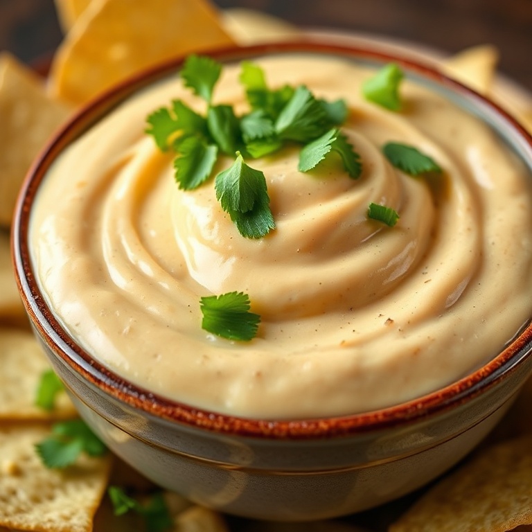 A single serving of Creamy Cowboy Queso Dip. Topped with fresh cilantro. Served in a deep bowl. Warm lighting shows creamy layers.