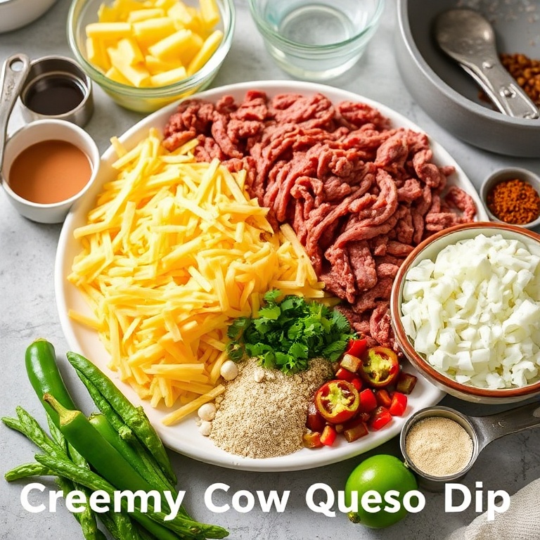 Raw ingredients for Creamy Cowboy Queso Dip. Ground beef, cheese, onions, peppers, and spices. Measuring cups and bowls nearby. Bright natural light.