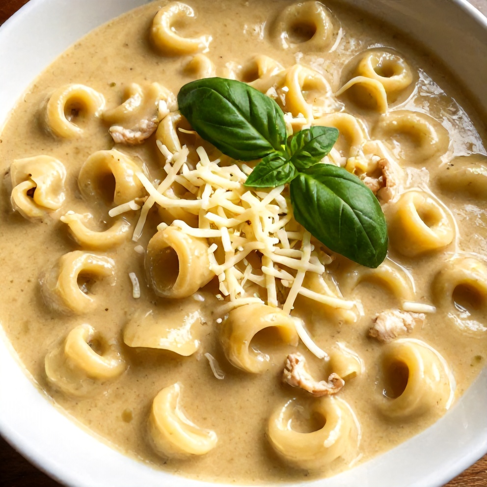 Bowl of Creamy Crock Pot Chicken Parmesan Soup with Tortellini
