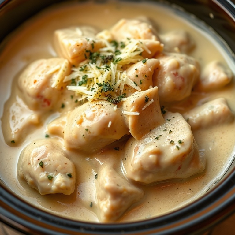 A single serving of creamy crockpot chicken. Parmesan and herbs are sprinkled on top. The dish is in a ceramic bowl with a dark rim, showing the creamy texture and rich sauce.