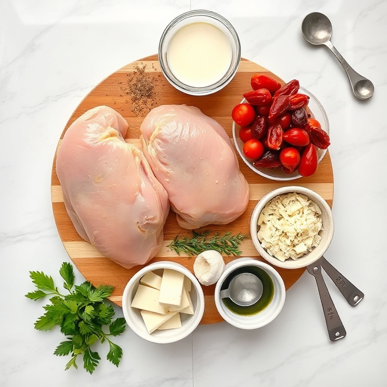 Raw ingredients for creamy crockpot chicken. Chicken thighs, parmesan cheese, sun-dried tomatoes, garlic, and herbs arranged neatly on a wooden board.