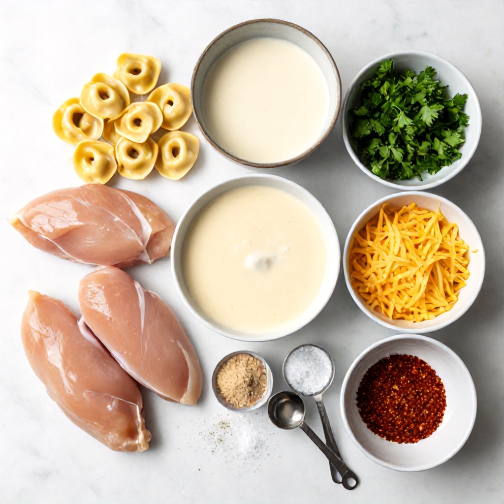 Raw ingredients for Crockpot Chicken Tortellini on a marble surface
