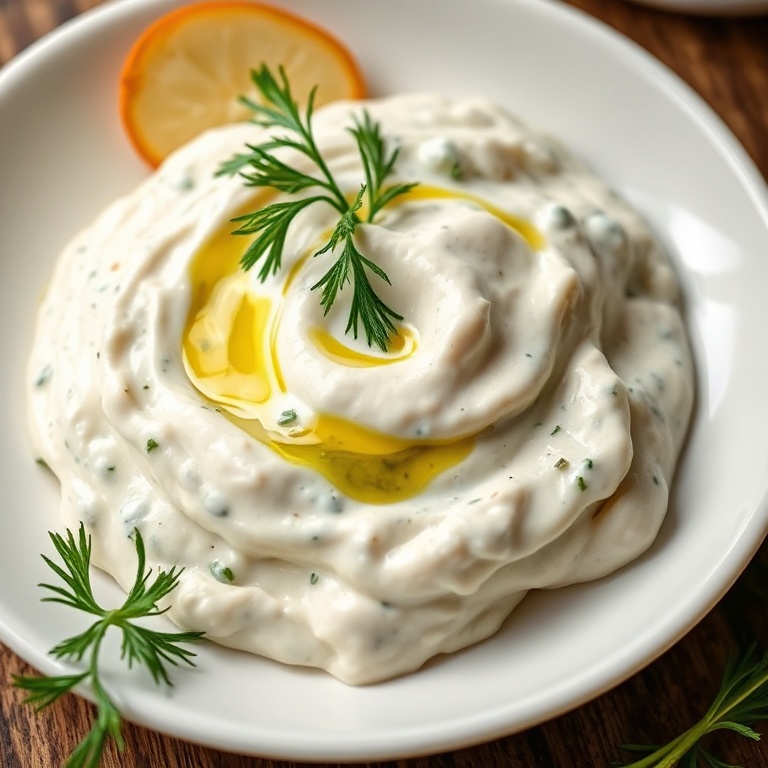 A serving of creamy dill pickle ranch on a white ceramic plate. Topped with fresh dill and a drizzle of olive oil. Close crop, food fills 90% of frame. Warm side lighting showing texture. Photorealistic food photography, no text, no watermark.