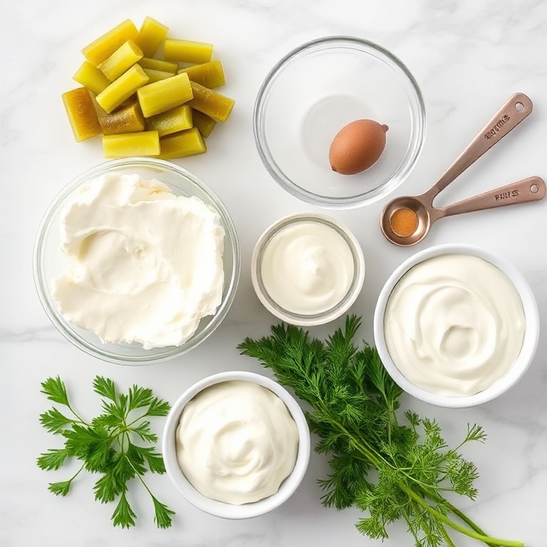 Raw ingredients for creamy dill pickle ranch. Cottage cheese, dill pickles, mayonnaise, sour cream, and fresh dill. Prep bowls and measuring spoons visible. White marble surface. Bright even light. Photorealistic overhead food photography, no text, no watermark.