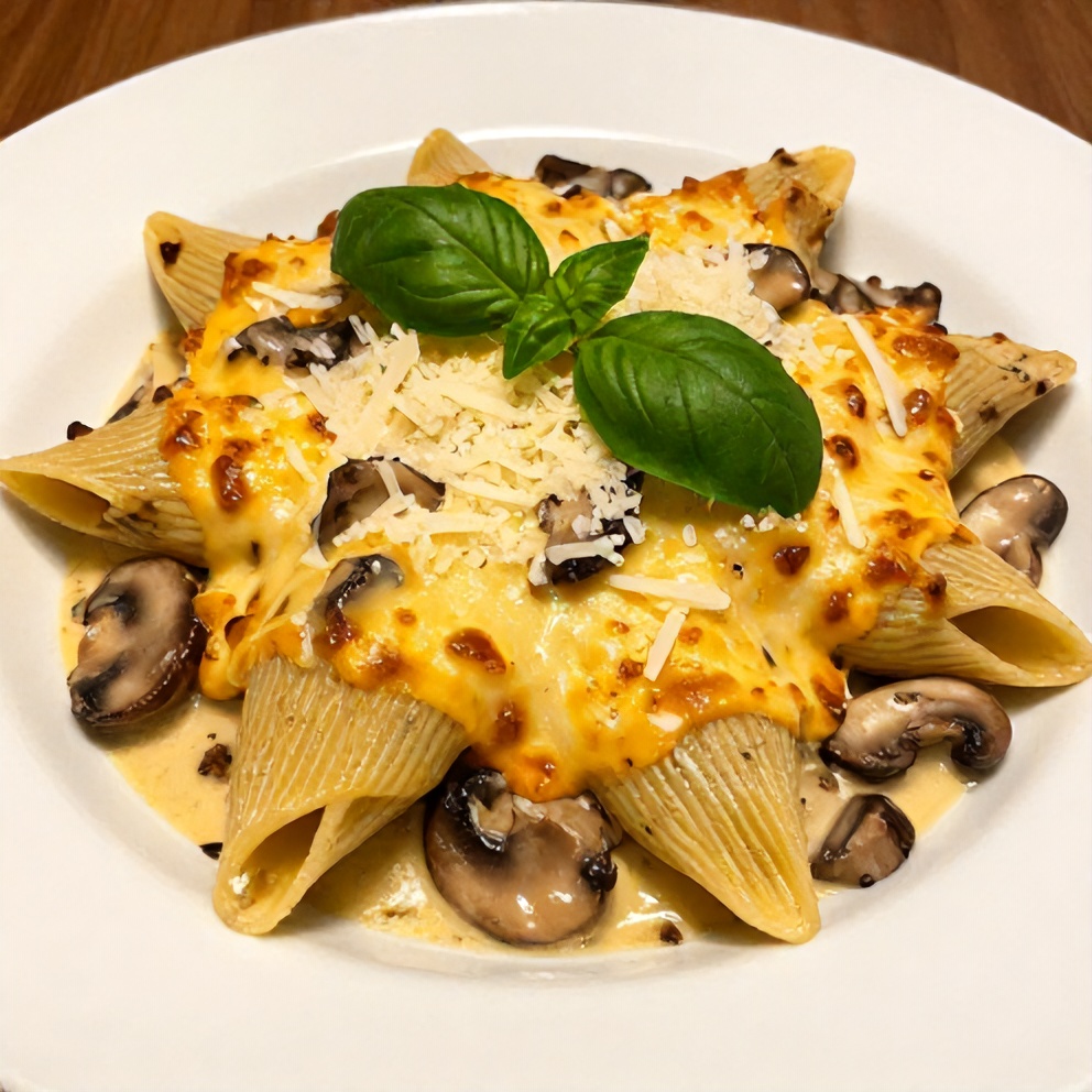 One perfect plated serving of Creamy Garlic Mushroom Stuffed Shells on a white plate, with a close crop and warm side lighting
