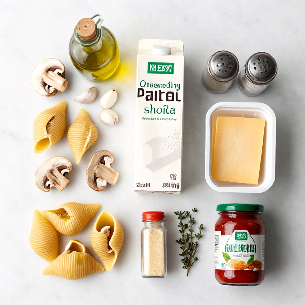 Raw ingredients for Creamy Garlic Mushroom Stuffed Shells arranged in an overhead flat lay on a white marble surface