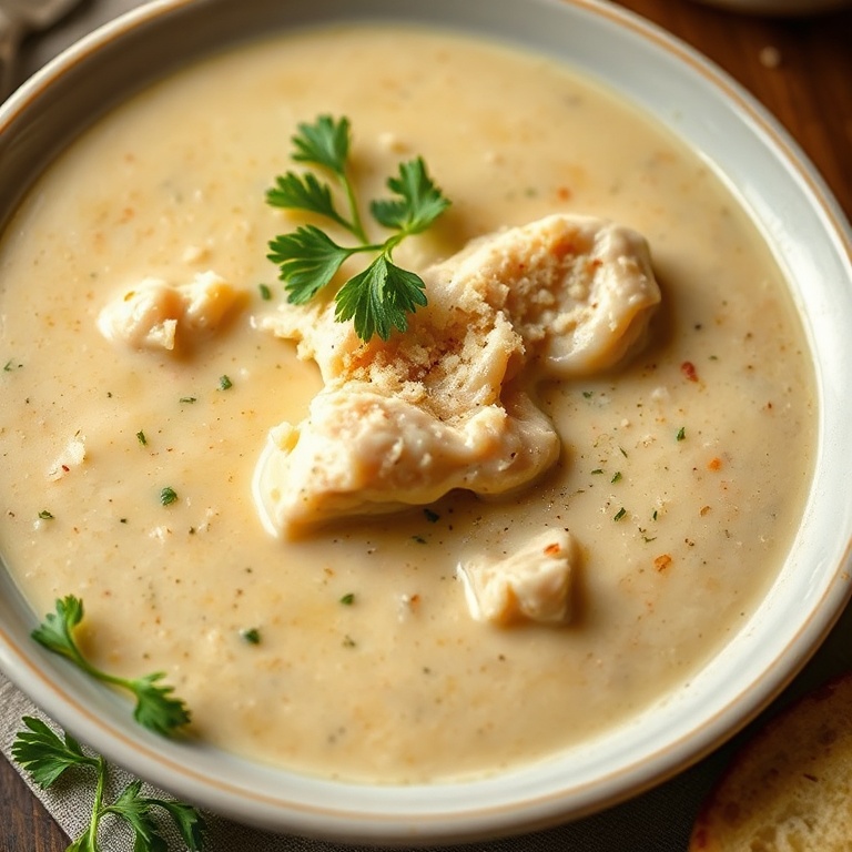 Perfectly plated Creamy Garlic Parmesan Chicken Soup with fresh parsley and parmesan on top. Close crop. Warm side lighting. Photorealistic food photography. No text. No watermark.