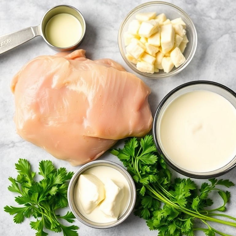 Raw ingredients for Creamy Garlic Parmesan Chicken Soup. Chicken breast, garlic, parmesan cheese, heavy cream, and fresh parsley. Measuring spoons and bowls visible. Bright even light. No text. No watermark.