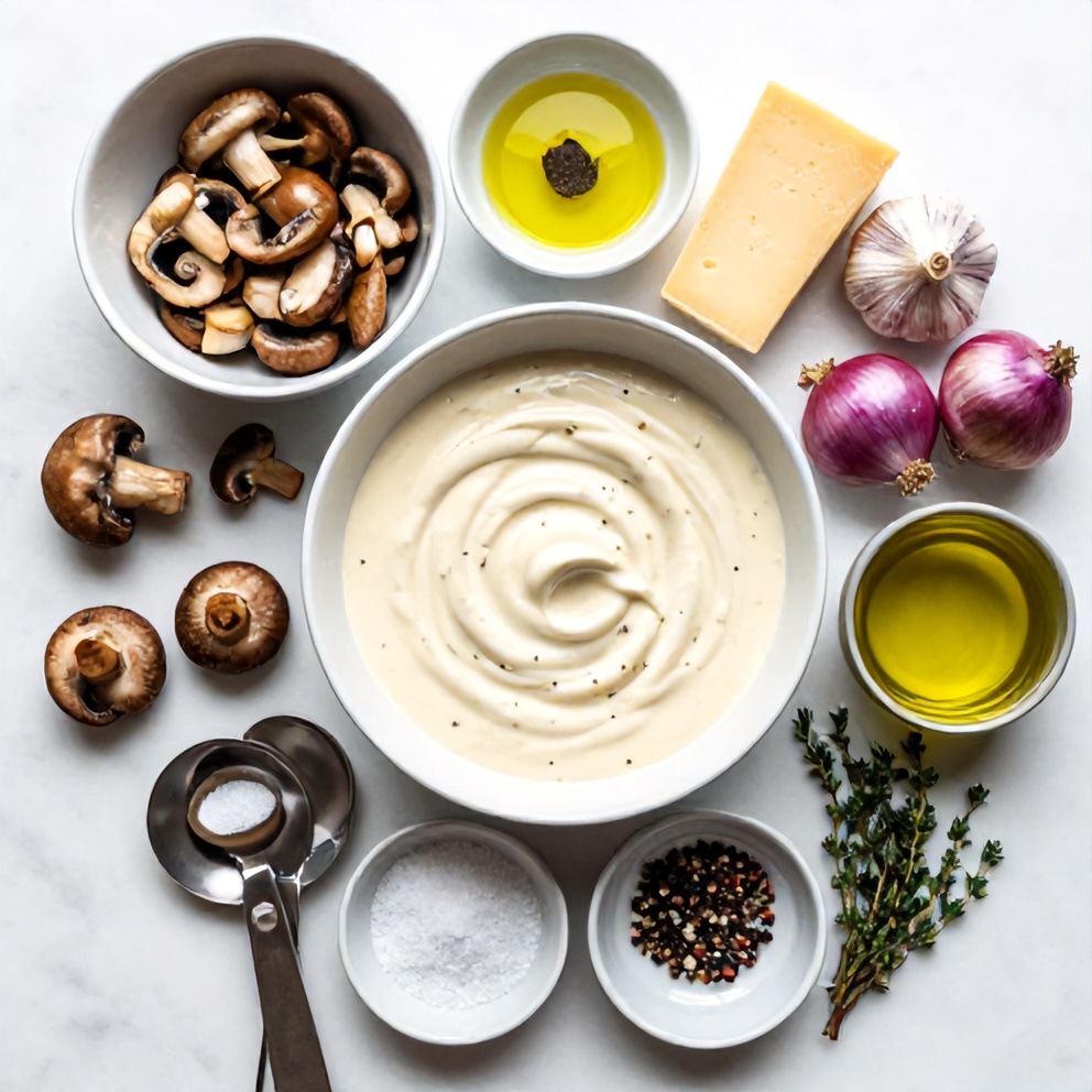 Raw ingredients for Creamy Gorgonzola Truffle Mushroom Sauce for Pasta