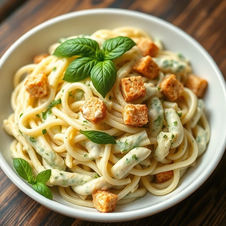 Perfect plated serving of Creamy Green Goddess Pasta Salad with fresh herbs and croutons. Close crop. Warm side lighting. Photorealistic food photography. No text. No watermark.