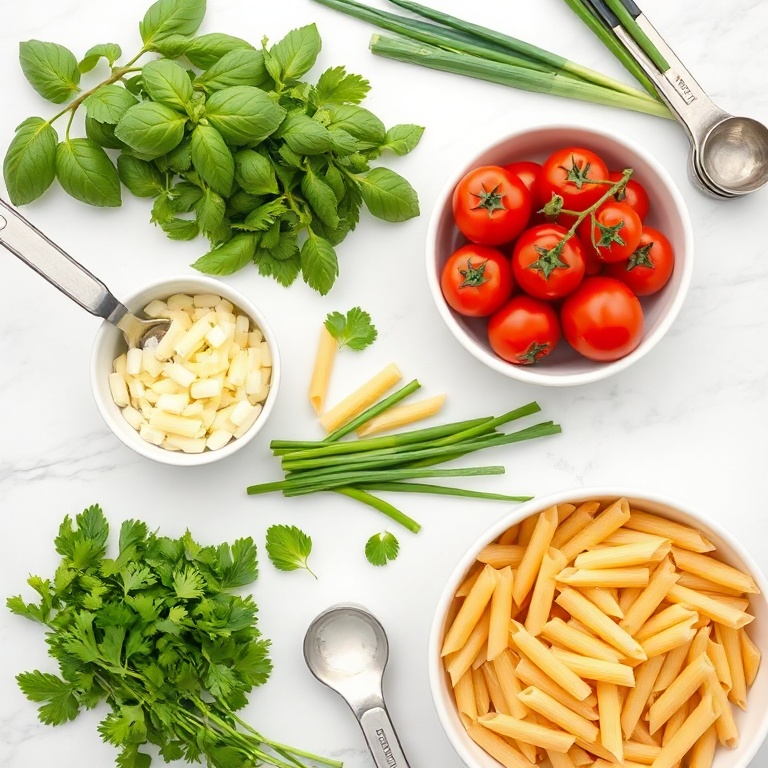 Overhead flat lay of fresh basil, parsley, green onions, cherry tomatoes, and pasta. Prep bowls and measuring spoons visible. White marble surface. Bright even light. Photorealistic food photography. No text. No watermark.