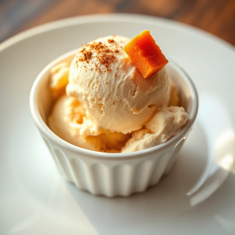 A single scoop of creamy carrot cake ice cream in a white ceramic bowl. A cinnamon sprinkle and a small piece of carrot on top. Warm lighting highlights the smooth texture.