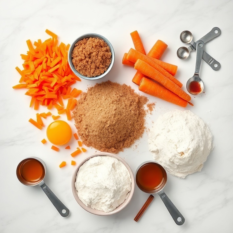 A flat lay of the raw ingredients: grated carrots, flour, brown sugar, eggs, vanilla extract, and cinnamon. Measuring cups and spoons sit nearby on a white marble surface.