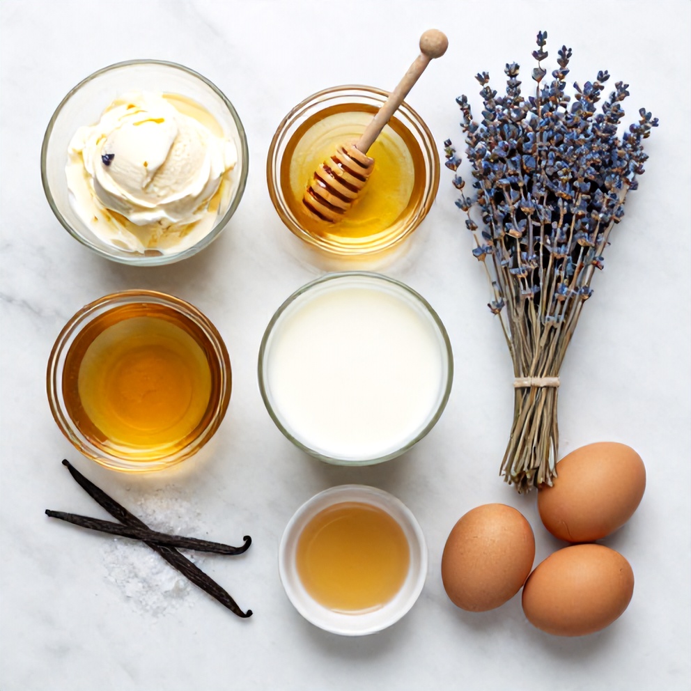 Raw ingredients for honey lavender ice cream
