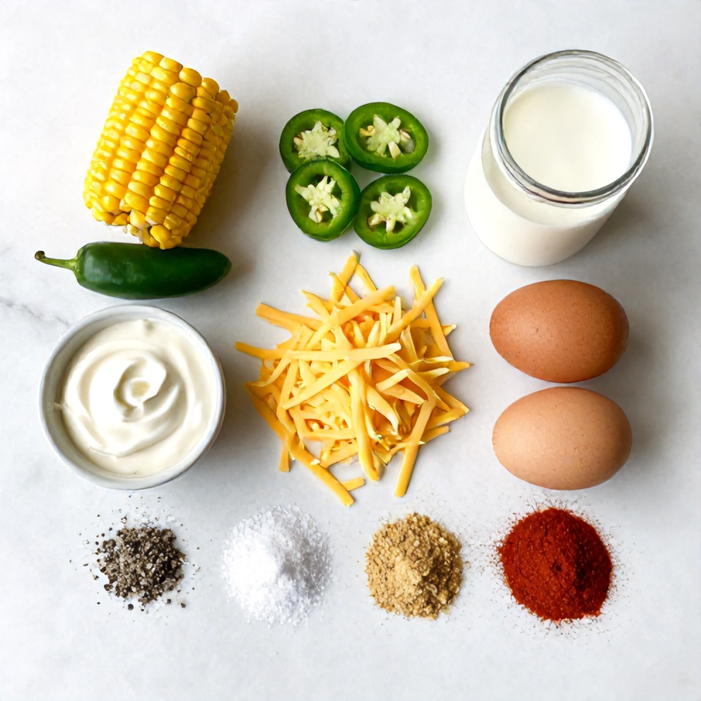 Raw ingredients for Jalapeno Popper Corn Casserole on a marble surface